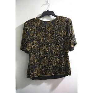 Stenay Vintage Black Silk Gold Beaded Rose Floral Evening Blouse Top Large